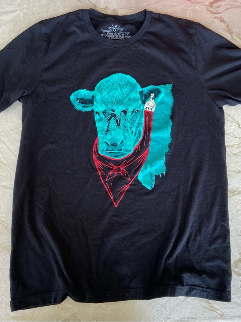 Womens crazy train western cow cattle tag graphic tee turquoise black